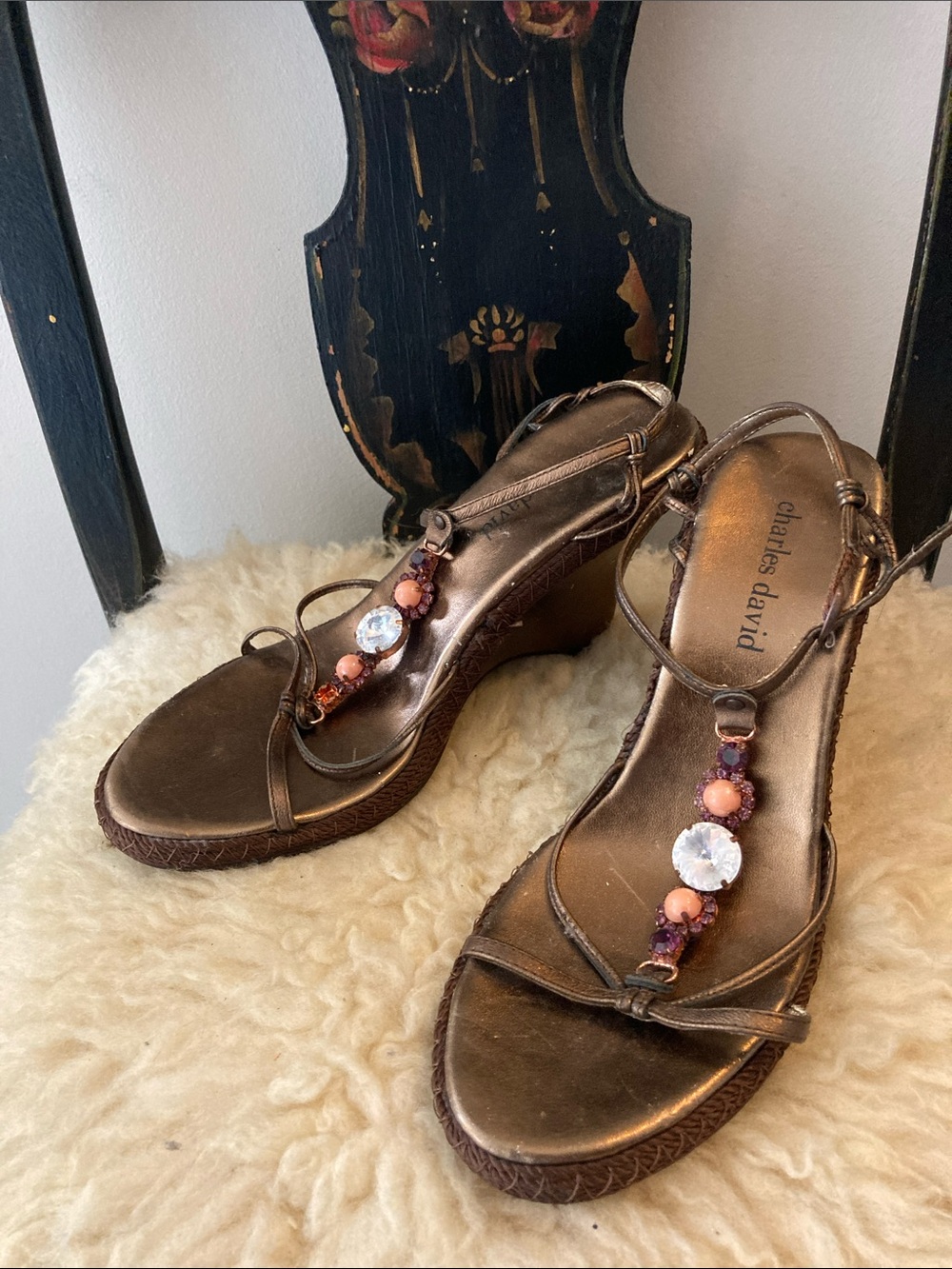 Charles David Metallic Bronze Beaded Wedge Sandals